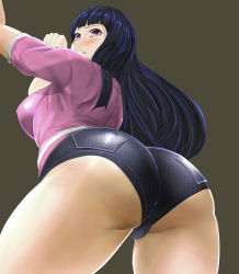 Rule 34 | 1girl, alternate costume, artist request, ass, ass focus, blue hair, blush, breasts, cameltoe, clenched teeth, contemporary, curvy, denim, denim shorts, embarrassed, from behind, from below, highres, hip focus, houraisan kaguya, huge ass, large breasts, long hair, looking at viewer, looking back, looking down, purple eyes, shiny clothes, shiny skin, shirt, short shorts, shorts, sideboob, solo, teeth, thick thighs, thighs, touhou, very long hair, wide hips