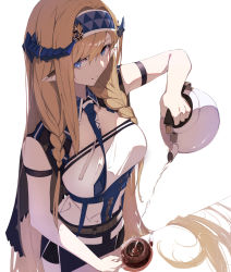 Rule 34 | 1girl, absurdly long hair, arknights, arm strap, arm up, bare shoulders, belt, black skirt, blonde hair, blue eyes, blue hairband, blue necktie, braid, breasts, closed mouth, cowboy shot, dragon horns, from above, hairband, highres, horns, karasuri, large breasts, long hair, looking at viewer, looking up, miniskirt, necktie, pointy ears, saileach (arknights), shirt, skirt, sleeveless, sleeveless shirt, smile, solo, teapot, twin braids, very long hair, white shirt