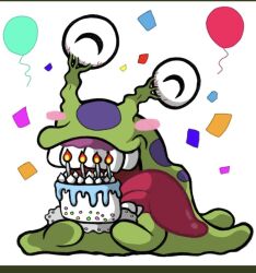 Rule 34 | blush, cake, closed eyes, digimon, digimon (creature), food, happy birthday, numemon, solo, teeth, tongue, tongue out