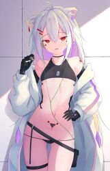 Rule 34 | 1girl, absurdres, ahoge, animal ear fluff, animal ears, bare shoulders, black choker, black gloves, black panties, breasts, choker, cigarette, collarbone, commentary request, crop top, elbow gloves, eos (trimbil), gloves, gluteal fold, grey hair, groin, hair between eyes, hand on own hip, hand up, highres, holding, holding cigarette, jacket, long hair, long sleeves, looking at viewer, lowleg, lowleg panties, multicolored hair, navel, off shoulder, open clothes, open jacket, original, panties, parted lips, puffy long sleeves, puffy sleeves, purple hair, red eyes, small breasts, solo, streaked hair, thigh gap, trimbil, two-tone hair, underwear, very long hair, white jacket