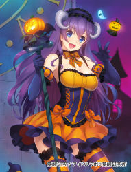 Rule 34 | 1girl, :d, bare shoulders, blue eyes, breasts, cleavage, clock, clock tower, demon horns, detached collar, detached sleeves, elbow gloves, frilled thighhighs, frills, ghost, gloves, hairband, halloween, high heels, highres, horns, jack-o&#039;-lantern, kakusei kenkyuu idol lab, large breasts, lolita hairband, long hair, microphone, microphone stand, official art, open mouth, outstretched hand, puffy detached sleeves, puffy sleeves, pumpkin, purple hair, smile, solo, striped clothes, striped thighhighs, thighhighs, tower, wacchi