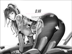 Rule 34 | 1girl, armor, ass, bodysuit, boobplate, breastplate, breasts, d.va (overwatch), greyscale, headset, large breasts, liang xing, long hair, looking at viewer, looking back, monochrome, overwatch, overwatch 2, paid reward available, signature, solo, unfinished