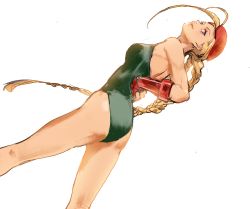 Rule 34 | 1girl, ahoge, ass, bare shoulders, beret, blonde hair, blue eyes, braid, breasts, cammy white, commentary request, gloves, green leotard, hat, huge ahoge, leotard, long hair, looking at viewer, looking to the side, red gloves, simple background, solo, street fighter, takssmask, twin braids, white background