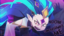 Rule 34 | 1girl, artist name, black gloves, english text, fang, gloves, green hair, heterochromia, league of legends, long hair, miniskirt, odeko yma, open mouth, pale skin, pink eyes, pink skirt, pointy ears, shiny clothes, skirt, solo, star guardian zoe, teeth, thighhighs, upper teeth only, watermark, white thighhighs, zoe (league of legends)