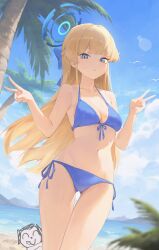Rule 34 | 1girl, absurdres, bare arms, bare shoulders, beach, bikini, blonde hair, blue archive, blue bikini, blue bow, blue eyes, blue hair, blue halo, blue sky, bow, braid, breasts, cloud, commentary, cowboy shot, day, doodle sensei (blue archive), double v, front-tie bikini top, front-tie top, frost 002, gluteal fold, hair bow, halo, hands up, highres, lens flare, light blush, long hair, looking at viewer, medium breasts, mountain, multicolored hair, navel, ocean, outdoors, palm tree, parted lips, sensei (blue archive), shore, side-tie bikini bottom, simple bird, sky, solo focus, stomach, streaked hair, swimsuit, teeth, thigh gap, toki (blue archive), tree, v, very long hair, water