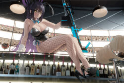 Rule 34 | 1girl, animal ears, anti-materiel rifle, bar (place), bare shoulders, black hair, blue archive, blue bow, blue bowtie, bottle, bow, bowtie, boys anti-tank rifle, breasts, ceiling light, chair, cirilla lin, cleavage, closed mouth, cup, dark-skinned female, dark skin, detached collar, drinking glass, fishnet pantyhose, fishnets, full body, gloves, gradient hair, gun, halo, high heels, high ponytail, highres, holding, holding gun, holding weapon, karin (blue archive), karin (bunny) (blue archive), large breasts, leotard, long hair, multicolored hair, pantyhose, playboy bunny, purple hair, rabbit ears, rabbit tail, rifle, sidelocks, sitting, sniper rifle, solo, tail, thighs, two-tone hair, weapon, white gloves, wine glass, wrist cuffs, yellow eyes
