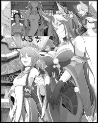 Rule 34 | 1boy, 2girls, animal ears, breasts, commentary request, dog ears, dog tail, fox ears, fox girl, fox tail, genshin impact, gloves, gorou (genshin impact), greyscale, hair between eyes, hair ornament, highres, japanese clothes, kimono, large breasts, long hair, miko, monochrome, multiple girls, open mouth, syatey, tail, wavy mouth, yae miko