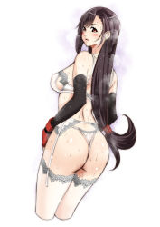 Rule 34 | 1girl, ass, back, black hair, blush, bra, breasts, brown eyes, commentary request, cowboy shot, cropped legs, earrings, elbow gloves, final fantasy, final fantasy vii, from behind, garter belt, gloves, highres, itachou, jewelry, lace, lace-trimmed legwear, lace bra, lace panties, lace trim, layered gloves, lingerie, long hair, looking at viewer, looking back, low-tied long hair, medium breasts, panties, parted lips, red gloves, simple background, solo, standing, steam, stud earrings, swept bangs, thighhighs, thong, tifa lockhart, underwear, white background, white bra, white garter belt, white panties, white thighhighs