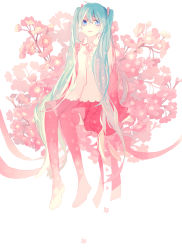 Rule 34 | 1girl, absurdres, aqua hair, blue eyes, cherry blossoms, hatsune miku, highres, long hair, mig (36th underground), necktie, ribbon, sitting, skirt, solo, thighhighs, twintails, very long hair, vocaloid