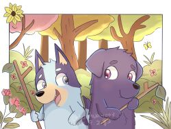 Rule 34 | 1boy, 1girl, absurdres, artist name, black fur, blue fur, bluey, bluey heeler, border, chihuahua-1003, chinese commentary, dog, forest, furry, highres, holding, holding stick, jean-luc (bluey), looking at another, nature, no humans, outdoors, stick, two-tone fur, white border