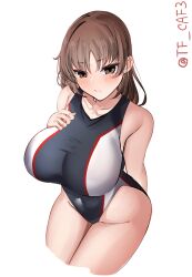Rule 34 | 1girl, black one-piece swimsuit, blush, breasts, brown eyes, brown hair, chiyoda (kancolle), competition swimsuit, covered navel, highres, kantai collection, large breasts, looking at viewer, multicolored clothes, multicolored swimsuit, one-piece swimsuit, short hair, sitting, smile, solo, swimsuit, tf cafe, twitter username, white background