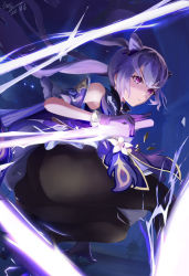 Rule 34 | 1girl, 1other, abyss mage (genshin impact), artist request, ass, bare shoulders, battle, dress, electricity, frown, genshin impact, gloves, hair ornament, hairpin, highres, keqing (genshin impact), long hair, panties, panties under pantyhose, pantyhose, purple dress, purple eyes, purple hair, short dress, skirt, solo focus, squatting, sword, twintails, underwear, very long hair, weapon