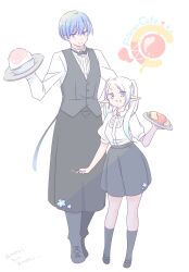 Rule 34 | 1boy, 1girl, alternate costume, apron, black apron, black bow, black bowtie, black skirt, black vest, blue eyes, blue hair, bow, bowtie, contemporary, dangle earrings, earrings, food, food in mouth, food on face, frieren, full body, hair over shoulder, hand on own hip, hand up, highres, himmel (sousou no frieren), holding, holding food, holding plate, holding spoon, jewelry, long sleeves, looking at viewer, omelet, omurice, plate, pointy ears, puffy sleeves, sachinyopo, shaved ice, shirt, short hair, short sleeves, simple background, skirt, smile, sousou no frieren, spoon, standing, traditional bowtie, translation request, twintails, uniform, vest, waitress, white background, white hair, white shirt