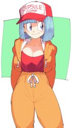 Rule 34 | 1girl, arms behind back, baseball cap, blue eyes, blue hair, blush stickers, breasts, bulma, closed mouth, collarbone, cowboy shot, cropped jacket, dragon ball, hat, highres, inkerton-kun, jacket, orange jacket, orange pants, pants, red shirt, shirt, short hair, simple background, smile, solo, standing, sweatpants