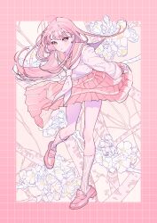 Rule 34 | 1girl, absurdres, border, branch, curious, floating clothes, floating hair, floral background, full body, haruno taku, highres, kneehighs, leaning forward, loafers, long hair, long sleeves, looking at viewer, original, outside border, pigeon-toed, pink border, pink eyes, pink footwear, pink hair, pink sailor collar, pink skirt, pleated skirt, puffy long sleeves, puffy sleeves, sailor collar, school uniform, serafuku, shirt, shoes, skirt, socks, solo, standing, standing on one leg, straight hair, very long hair, white shirt, white socks