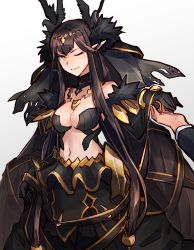 Rule 34 | 1girl, bare shoulders, black dress, blush, breasts, brown hair, cleavage, dress, fate/apocrypha, fate/grand order, fate (series), feather trim, fur trim, highres, large breasts, long hair, looking at viewer, memna (renka roll), one eye closed, outstretched arm, parted lips, pointy ears, semiramis (fate), sidelocks, simple background, slit pupils, smile, solo focus, spikes, very long hair, white background, yellow eyes