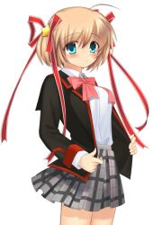 Rule 34 | 1girl, alternate costume, aqua eyes, black jacket, blonde hair, bow, breasts, closed mouth, collared shirt, commentary request, cowboy shot, expressionless, eyes visible through hair, grey skirt, hair between eyes, hair ornament, hair ribbon, jacket, kamikita komari, little busters!, looking at viewer, medium breasts, miniskirt, open clothes, open jacket, otou (otou san), pink bow, plaid, plaid skirt, pleated skirt, red ribbon, ribbon, shirt, short hair, simple background, skirt, solo, standing, star (symbol), star hair ornament, twintails, white background, white shirt