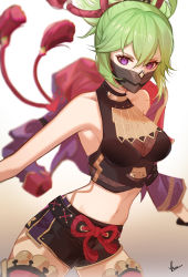 Rule 34 | 1girl, absurdres, arm out of sleeve, armpits, bare shoulders, belt, black belt, black gloves, black shirt, black shorts, breasts, cleavage, collarbone, commentary, covered mouth, cowboy shot, crop top, fishnet top, fishnets, genshin impact, gloves, green hair, groin, hair between eyes, hair ornament, highres, jacket, kawausoman, kuki shinobu, long sleeves, looking at viewer, mask, medium breasts, midriff, mouth mask, navel, open clothes, open jacket, ponytail, purple eyes, purple jacket, purple rope, rope, shimenawa, shirt, short shorts, shorts, sidelocks, signature, simple background, sleeveless, sleeveless shirt, solo, standing, thighhighs, white background