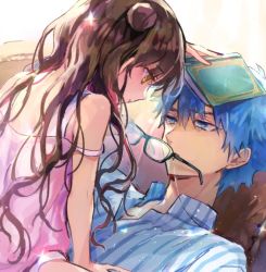 Rule 34 | 1boy, 1girl, aged down, aged up, babydoll, bare shoulders, black hair, blue eyes, blue hair, blue shirt, blush, book, breasts, collared shirt, couch, double bun, dress swimsuit, eyewear strap, fate/grand order, fate (series), full body, girl on top, hair bun, hans christian andersen (adult) (fate), hans christian andersen (fate), long hair, long sleeves, lying, multicolored hair, on back, one-piece swimsuit, parted bangs, pink babydoll, pink hair, pink one-piece swimsuit, sessyoin kiara, sessyoin kiara (lily), shirt, short hair, small breasts, smile, streaked hair, striped clothes, striped shirt, swimsuit, vertical-striped clothes, vertical-striped shirt, very long hair, vivi (eve no hakoniwa), wavy hair, yellow eyes