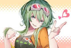 Rule 34 | 1girl, character name, commentary, dotted background, goggles, goggles on head, green eyes, green hair, gumi, hair flip, hands up, head tilt, heart, highres, jacket, orange jacket, red-tinted eyewear, short hair with long locks, smile, smirk, solo, tinted eyewear, twitter username, upper body, vocaloid, wanaxtuco