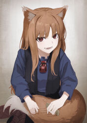 Rule 34 | 1girl, animal ear fluff, animal ears, black vest, blue shirt, brown hair, brushing, hair brush, highres, holding, holding brush, holo, long hair, long sleeves, looking at viewer, nekoreito, open clothes, open mouth, open vest, pouch, red eyes, shirt, sidelocks, smile, solo, spice and wolf, tail, tail brushing, teeth, upper body, vest, white background, wolf ears, wolf girl, wolf tail
