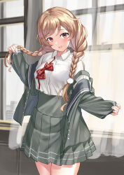 Rule 34 | 1girl, blush, braid, brown eyes, buttons, collared shirt, cowboy shot, grey jacket, grey skirt, highres, jacket, kantai collection, light brown hair, long hair, long sleeves, mayura (lucadia), minegumo (kancolle), open clothes, open jacket, open mouth, pleated skirt, shirt, skirt, smile, solo, twin braids, white shirt, window