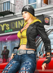 Rule 34 | 1boy, 1girl, 909, alternate costume, american flag, balcony, beanie, belt, belt buckle, black jacket, blonde hair, blue eyes, breasts, brick wall, buckle, building, car, casual, cleavage, crop top, crossed arms, dark skin, dead or alive, denim, fingerless gloves, gloves, hat, hood, hoodie, jacket, jeans, jewelry, leaning back, leather, leather jacket, lips, long sleeves, looking away, midriff, midriff peek, motor vehicle, navel, necklace, necktie, neon lights, nose, open clothes, open jacket, outdoors, pants, pendant, sign, solo focus, studded bracelet, sunglasses, tecmo, tina armstrong, tomboy, unzipped, vehicle, very dark skin, vest, wristband, zack (doa), zipper