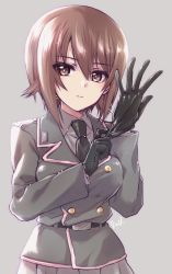Rule 34 | 1girl, artist name, belt, black belt, black gloves, black jacket, black necktie, brown eyes, brown hair, closed mouth, commentary, dress shirt, girls und panzer, glove pull, gloves, grey background, grey shirt, grey skirt, highres, jacket, kuroi mimei, light smile, looking at viewer, military, military uniform, necktie, niedersachsen military uniform, nishizumi maho, pleated skirt, shirt, short hair, signature, simple background, skirt, solo, standing, uniform, upper body, wing collar