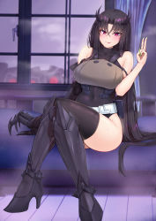 Rule 34 | 1girl, black hair, black thighhighs, boots, breasts, covered navel, executioner (girls&#039; frontline), girls&#039; frontline, green nails, high heel boots, high heels, highres, indoors, large breasts, long hair, mechanical arms, nail polish, popoman, purple eyes, sangvis ferri, single mechanical arm, sitting, sleeveless, smile, solo, thighhighs, tongue, tongue out