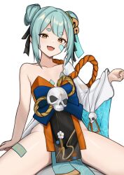 Rule 34 | 1girl, :d, black ribbon, blue hair, blue sash, breasts, collarbone, commentary, cowboy shot, detached sleeves, english commentary, fangs, groin, hair bun, hair ribbon, half-closed eyes, highres, inami yoki, indie virtual youtuber, japanese clothes, long hair, looking at viewer, mikoscrub, open mouth, orange eyes, pelvic curtain, ribbon, sash, short eyebrows, short hair, simple background, single sleeve, sitting, skull, small breasts, smile, solo, spread legs, talisman, thick eyebrows, thighhighs, virtual youtuber, white background