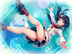 Rule 34 | 1girl, bare legs, black footwear, black hair, black skirt, blue background, blue eyes, blush, bow, bowtie, falling, full body, gridman universe, inari kei, kneepits, light particles, long hair, looking at viewer, outstretched arms, red bow, red socks, shirt, shoes, skirt, socks, solo, spread arms, ssss.gridman, takarada rikka, white shirt, white skirt