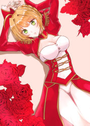 Rule 34 | 10s, 1girl, ahoge, blonde hair, blush, breasts, cleavage, copyright name, dress, epaulettes, fate/extra, fate (series), flower, frilled sleeves, frills, green eyes, hair intakes, juliet sleeves, leotard, long sleeves, looking at viewer, lying, medium breasts, nero claudius (fate), nero claudius (fate) (all), nero claudius (fate/extra), omizu (omz), on back, parted lips, puffy sleeves, red dress, red flower, red rose, rose, short hair, solo