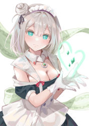 Rule 34 | 1girl, absurdres, aqua eyes, azur lane, blush, breasts, classic (zildjian33), cleavage, facing viewer, gem, gloves, green gemstone, grey hair, heart, highres, jewelry, looking at viewer, maid, maid headdress, manchester (azur lane), medium breasts, necklace, smile, solo, white gloves