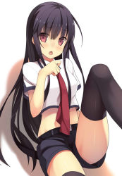 Rule 34 | 1girl, belt, black hair, black thighhighs, blush, crop top, crop top overhang, long hair, looking at viewer, midriff, necktie, open mouth, original, red eyes, samegami, shiny skin, shorts, solo, thighhighs, very long hair