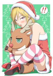 Rule 34 | !, !!, 1girl, bare arms, bare shoulders, black hair, blonde hair, blush, border, breasts, christmas, christmas tree, commentary, dress, earrings, full body, fur-trimmed dress, fur-trimmed headwear, fur trim, green background, hat, high heels, highres, hugging doll, hugging object, ichikawa masahiro, indian style, jewelry, looking at viewer, medium breasts, medium hair, multicolored hair, open mouth, outside border, pink thighhighs, pom pom (clothes), red dress, red eyes, red footwear, red hat, santa dress, santa hat, shadow, sidelocks, sitting, solo, speech bubble, spoken exclamation mark, star (symbol), strapless, strapless dress, striped clothes, striped thighhighs, stuffed animal, stuffed reindeer, stuffed toy, thighhighs, two-tone hair, two-tone thighhighs, watashi ga motenai no wa dou kangaetemo omaera ga warui!, white border, white thighhighs, yoshida masaki