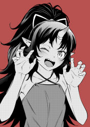 Rule 34 | 1girl, ;d, bare arms, bare shoulders, blush, collarbone, commentary request, criss-cross halter, dress, hair ribbon, halterneck, hands up, high ponytail, horns, long hair, looking at viewer, monochrome, muraji, one eye closed, open mouth, original, pointy ears, ponytail, red background, ribbon, sharp teeth, simple background, single horn, smile, solo, teeth, upper body, very long hair