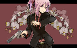 Rule 34 | 10s, 1girl, alternate costume, belt, bullet, flower, formal, gun, handgun, highres, kaname madoka, letterboxed, looking at viewer, mahou shoujo madoka magica, mahou shoujo madoka magica (anime), necktie, okuba, orchid, pants, pink eyes, pink hair, revolver, short hair, short twintails, smile, solo, suit, trigger discipline, twintails, upper body, weapon
