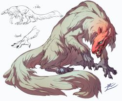 Rule 34 | animal focus, claws, from side, full body, green eyes, monster, multiple views, no humans, open mouth, original, ringed eyes, sharp teeth, signature, simple background, sitting, tail, teeth, white background, yamamura le