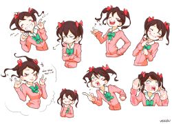 Rule 34 | &gt;:|, 10s, 1girl, :d, :|, ^ ^, angry, annoyed, artist name, black hair, blush, blush stickers, bow, bowtie, cardigan, clenched hand, closed eyes, closed mouth, commentary, crossed arms, double m/, expressions, flying sweatdrops, friedbun, green bow, green bowtie, grin, hair between eyes, hair bow, hair ribbon, hand on own hip, hand on own chin, happy, love live!, love live! school idol project, m/, medium hair, multiple views, neck ribbon, nico nico nii, open mouth, otonokizaka school uniform, parted lips, pointing, red eyes, ribbon, school uniform, simple background, smile, smug, sparkle, sweat, teeth, thinking, thought bubble, twintails, two side up, v-shaped eyebrows, white background, wide-eyed, yazawa nico