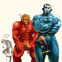 Rule 34 | ..., 3boys, abs, angry, bara, beard, black eyes, black hair, blonde hair, blue oni, blue oni (chijimetaro), blue skin, blush, chijimetaro, colored skin, completely nude, couple, crossed arms, facial hair, feet out of frame, flying sweatdrops, giant, giant male, hairy, highres, horns, large pectorals, large penis, lucky student (chijimetaro), male focus, male pubic hair, medal, mini person, miniboy, multiple boys, muscular, navel, nude, oni, oni horns, original, pectorals, penis, pointy ears, pubic hair, red oni, red oni (chijimetaro), red skin, short hair, size difference, sparkle, thick thighs, thighs, veins, veiny penis