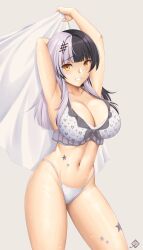 Rule 34 | 1girl, absurdres, arcie albano, armpits, artist logo, bikini, black hair, blush, breasts, cleavage, commentary request, cowboy shot, grey background, grin, hair between eyes, highleg, highleg bikini, highres, holding, hololive, hololive english, hololive summer 2022 swimsuit, large breasts, long hair, midriff peek, multicolored bikini, multicolored clothes, multicolored hair, navel, official alternate costume, print bikini, shiori novella, simple background, smile, solo, split-color hair, streaked hair, swimsuit, very long hair, virtual youtuber, white bikini, white hair, yellow eyes