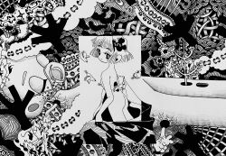 Rule 34 | 2girls, abstract background, ass, blunt bangs, blunt ends, closed eyes, completely nude, covered mouth, cowboy shot, fabric, from behind, fuminooco, greyscale, hair ornament, highres, holding, hole on body, looking at viewer, looking back, lying, mask, monochrome, mouth mask, multiple girls, nude, on back, original, plant, rabbit, ribbon, seigaiha, short hair, sidelocks, standing, traditional media