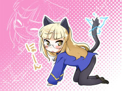 Rule 34 | 1girl, ahoge, all fours, animal ears, blonde hair, blush, cat ears, cat girl, cat tail, ascot, electricity, female focus, glasses, hekyu, long hair, looking at viewer, military, military uniform, open mouth, pantyhose, perrine h. clostermann, solo, strike witches, tail, uniform, world witches series, yellow eyes