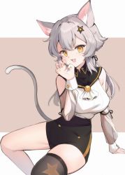 Rule 34 | 1girl, :3, :d, absurdres, animal ear fluff, animal ears, arm support, black shorts, black thighhighs, breasts, cat ears, cat girl, cat tail, claw pose, clothing cutout, grey hair, hair ornament, hairclip, high-waist shorts, high collar, highres, long hair, long sleeves, looking at viewer, low twintails, medium breasts, open mouth, original, ropu (ropu 10), see-through, see-through sleeves, short shorts, shorts, shoulder cutout, sidelocks, single thighhigh, sitting, skindentation, skirt, smile, solo, tail, thighhighs, twintails, white skirt, wing collar, yellow eyes