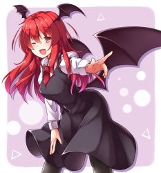 Rule 34 | 1girl, aka tawashi, bat wings, black pantyhose, black skirt, black vest, breasts, commentary request, cowboy shot, hair between eyes, head wings, highres, juliet sleeves, koakuma, leaning forward, long skirt, long sleeves, medium breasts, necktie, one eye closed, open mouth, pantyhose, puffy sleeves, purple background, red eyes, red hair, red necktie, shirt, skirt, smile, solo, touhou, triangle, two-tone background, vest, white background, white shirt, wings