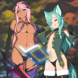 Rule 34 | 2girls, animal ear fluff, animal ears, arms up, bikini, black panties, book, braid, breasts, capitan (tsyoujo), clothing cutout, dark-skinned female, dark skin, detached sleeves, floating, floating book, floating object, fur-trimmed legwear, fur trim, green hair, grimoire, hair over one eye, heterochromia, highres, horns, large breasts, midriff, multiple girls, navel, o-ring, o-ring bikini, original, outdoors, panties, pink eyes, pink hair, purple legwear, revealing clothes, side braid, standing, stomach cutout, sword, tail, tan, thong, tongue, tongue out, underwear, weapon
