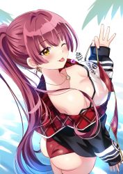 Rule 34 | 1girl, alternate costume, alternate hairstyle, ass, bikini, bikini bottom only, bikini under clothes, black jacket, blush, breasts, cowboy shot, crop top, highres, hololive, hood, hooded jacket, houshou marine, houshou marine (summer), jacket, large breasts, long hair, looking at viewer, maroonabyss, no bra, no pants, off shoulder, one eye closed, partially unzipped, ponytail, red hair, smile, solo, swimsuit, virtual youtuber, yellow eyes
