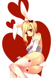 Rule 34 | 1girl, animal ears, ass, bad id, bad pixiv id, bare shoulders, blonde hair, blush, bow, breasts, cleavage, earrings, elbow gloves, fake animal ears, fishnet thighhighs, fishnets, garter belt, garter straps, gloves, hair bow, heart, highres, jewelry, large breasts, legs, leotard, long hair, lying, original, playboy bunny, rabbit ears, rabbit tail, red eyes, solo, tail, thighhighs, white thighhighs, wing collar, yuga, yugaa