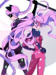 Rule 34 | 2girls, animal ears, black bodysuit, black mask, blue eyes, bodysuit, braid, cat ears, cat girl, closed mouth, green eyes, highres, holding, holding weapon, lady noir, ladybiquity (character), long hair, looking at viewer, marinette dupain-cheng, mask, miraculous ladybug, multiple girls, pink bodysuit, pink hair, pink mask, seio (nao miragggcc45), single braid, smile, twintails, weapon