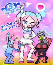Rule 34 | 1girl, ^^^, alien, arm up, armpits, bare shoulders, blue eyes, blue garter, blue hair, blush stickers, boots, bridal garter, camera, commentary request, crop top, dancing, elbow gloves, eyelashes, eyeshadow, full body, gloves, hand on own hip, headpiece, heart, holding, holding camera, knees, looking at viewer, makeup, midriff, miniskirt, multicolored hair, navel, open mouth, pink background, pink eyeshadow, pink hair, pointing, pointing up, shirt, short hair, short twintails, simple background, skirt, sleeveless, sleeveless shirt, smile, space channel 5, sparkle, spoken heart, teeth, terada tera, translation request, turtleneck, turtleneck shirt, twintails, two-tone hair, ulala, upper teeth only, v-shaped eyebrows, white footwear, white gloves, white headphones, white shirt, white skirt